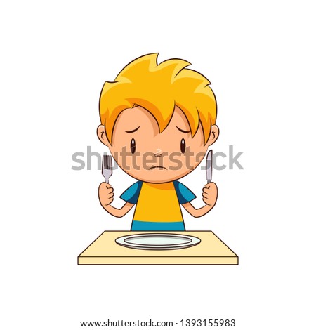 Hungry sad kid, empty plate