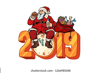 Hungry Santa Claus eating, new year 2019. Pop art retro vector illustration kitsch vintage