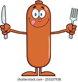 Hungry Sausage Cartoon Character With Knife And Fork. Vector Illustration Isolated On White 