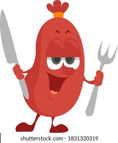 Hungry sausage, illustration, vector on white background