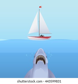 Hungry Shark Attack yacht ship from the ocean water. Business shark risk and hidden power concept.