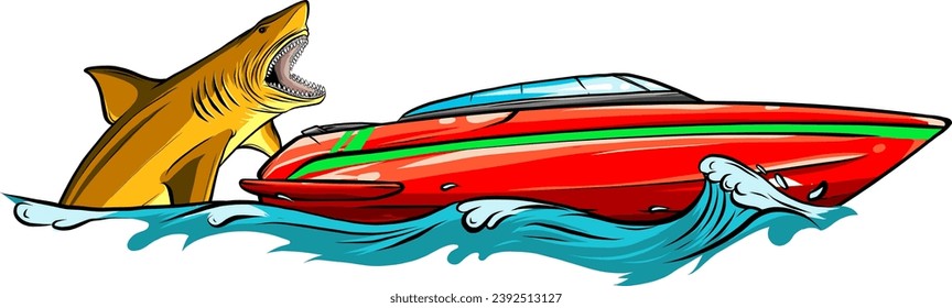 Hungry Shark with big jaw Attack yacht ship from the water. vector illustration