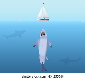 Hungry Shark With Big Jaw Attack Yacht Ship From The Water. Business Shark Risk And Hidden Power Concept.