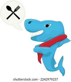 Tiburón hambriento con servilleta y pancarta de horquilla. Ilustración vectorial del adorable tiburón hambriento