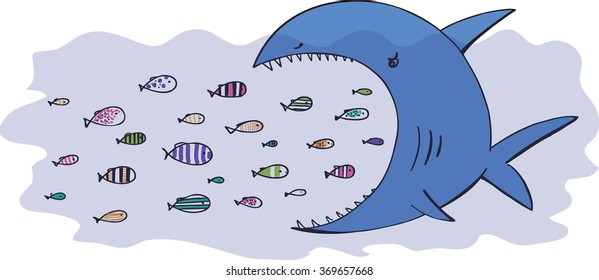 Hungry shark and a shoal of fish in a water