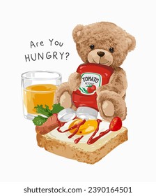 hungry slogan with bear doll making breakfast vector illustration