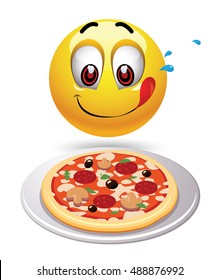 Hungry smiley looking at tasty pizza. Humoristic illustration of food loving smiley. 