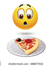 Hungry smiley looking at tasty pizza. Humoristic illustration of food loving smiley. Vector illustration. 