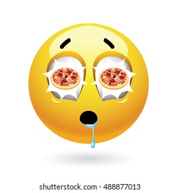 Hungry smiley with pizza reflecting in itâ??s eyes. Tasty food. Humoristic illustration of food loving smiley. 