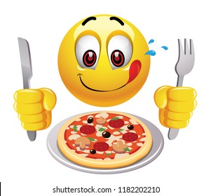 Hungry smiling ball looking at tasty pizza. Humoristic illustration of food loving smiling ball. 