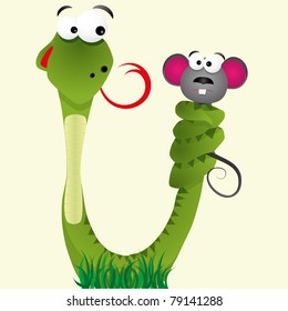 Hungry snake keeps mouse with tail and licked in anticipation of dinner, vector illustration