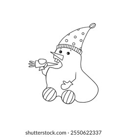 Hungry Snowman in a hat with his mouth wide open eating carrots. For New Year s card design. Children s coloring page