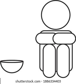 A hungry or starving person with a bowl next to him.