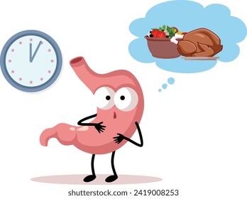 
Hungry Stomach Expecting Food at the Mealtime Vector Character Illustration. Painful stomach feeling hunger sensation at exact hours 
