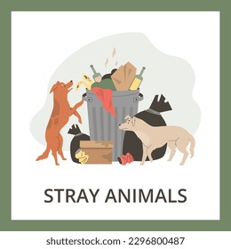 Hungry stray dogs looking for food in garbage bins, poster template - flat vector illustration. Abandoned street animals. Advertising for animal shelters and adoption.