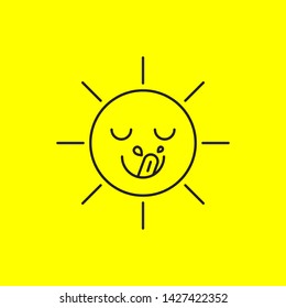 Hungry sun,  tongue and saliva, yum sticker, delicious food emoticon. Vector illustration