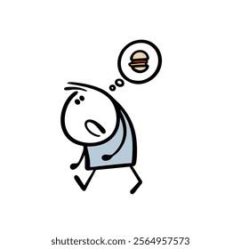 Hungry teenager is walking on the street and dreaming of a hamburger. Vector illustration of a child left without lunch. Food in the restaurant. Isolated person on white background.