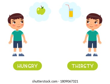 Hungry and thirsty antonyms word card vector template. Opposites concept. Flashcard for english language learning. Little boy is thinking about food, the child is thirsty.