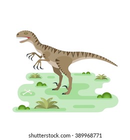 Hungry Utahraptor. Prehistoric carnivore dinosaur. Agressive spiny lizard. Small location pristine landscape useful for map or game. Extinct animal. Flat vector illustration.