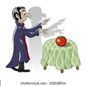 Hungry vampire vegetarian will ready to have a bit of ripe red tomato. Funny cartoon illustration. EPS 10