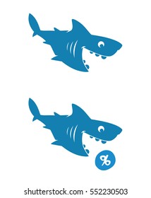 Hungry vector blue shark character eating discounts logo. Vector illustration isolated on white background.
