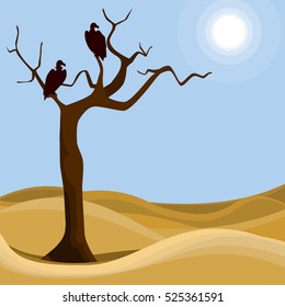 Hungry vultures. Abstract desert scene with birds of prey and dry tree. Vector illustration.