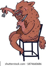 Hungry wolf, jackal, dog sits on a chair with a fork in his hand. Vector image without background. Character for print, mascot, article, advertisement, blog. Animals.