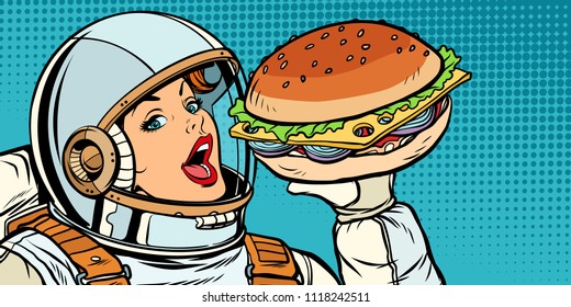 Hungry woman astronaut eating Burger. Pop art retro vector illustration vintage kitsch drawing