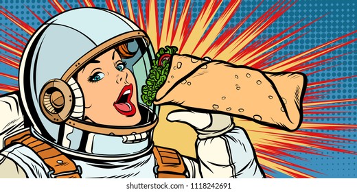 Hungry woman astronaut eating kebab Doner Shawarma. Pop art retro vector illustration vintage kitsch drawing