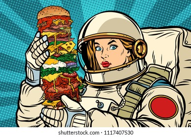 Hungry woman astronaut with giant Burger. Pop art retro vector illustration vintage kitsch drawing