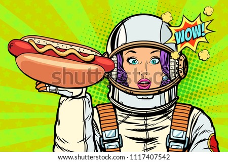 Hungry woman astronaut with hot dog sausage. Pop art retro vector illustration vintage kitsch drawing