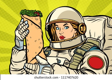 Hungry woman astronaut with Shawarma kebab. Pop art retro vector illustration vintage kitsch drawing