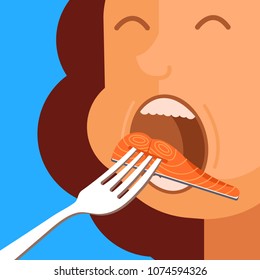 Hungry woman character put red salmon fish on fork in open mouth. Eating habit meal close up concept. Vector flat cartoon design graphic isolated illustration