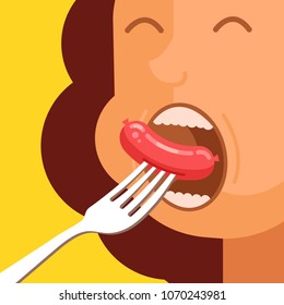 Hungry woman character put sausage on fork in open mouth. Eating habit meal close up concept. Vector flat isolated cartoon element illustration