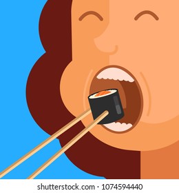 Hungry woman character put sushi roll on chopsticks in open mouth. Eating habit meal close up concept. Vector flat cartoon design graphic isolated illustration