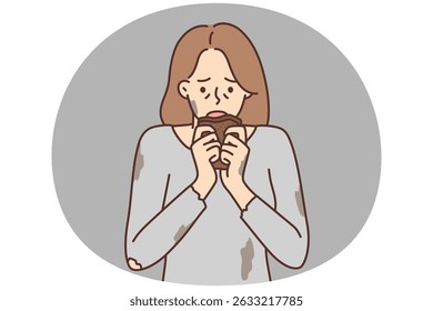 Hungry woman in dirty torn tshirt brings piece of bread to mouth after long absence of food. Hungry girl after losing earnings and at home needs help of social services. Flat vector illustration