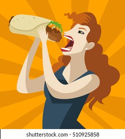 hungry woman eating a burrito