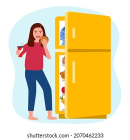 Hungry woman eating hamburger and soda drink near refrigerator in flat design on white background. Female steal eating food in fridge.