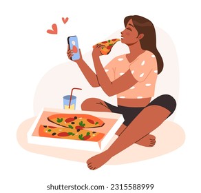 A hungry woman is eating pizza. A girl with a slice of pizza. Cartoon flat vector illustration