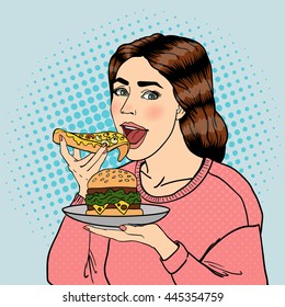 Hungry Woman Eating Unhealthy Food. Pop Art. Vector illustration