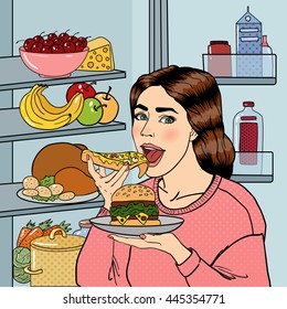 Hungry Woman Eating Unhealthy Food Near Fridge. Pop Art. Vector illustration