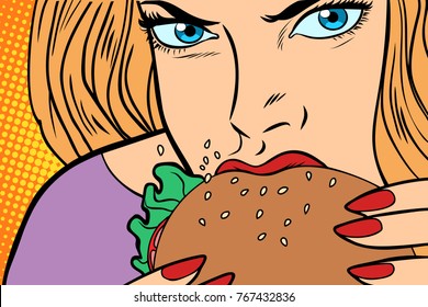 Hungry woman eats Burger. fast food. Comic book cartoon pop art retro color illustration drawing