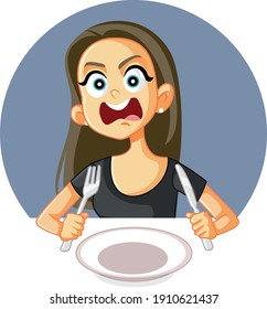 
Hungry Woman Feeling Angry And Impatient. Starving Person Yelling Food Order In A Restaurant
