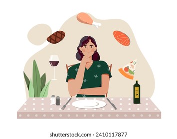 Mujer hambrienta con concepto de comida. Jovencita con vaso de vino, pierna de pollo y carne y pescado a la parrilla, rebanada de pizza. Los personajes sueñan con comer y sentarse en la mesa. Dibujo vectorial plano de dibujos animados