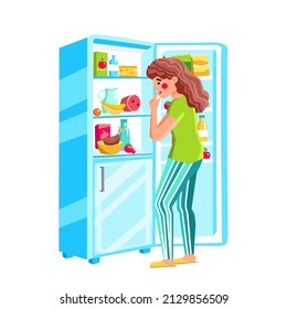 Hungry Woman Looking At Food In Fridge Vector. Hungry Woman Look At Nutrition In Opened Refrigerator And Thinking For Eat. Character Searching Nutrition In Home Appliance Flat Cartoon Illustration