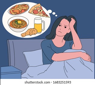 A hungry woman is sitting the bed   thinking about food  hand drawn style vector design illustrations  