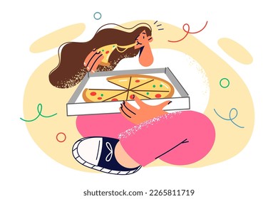 Hungry woman sitting on floor cross knees with pizza inside box delivered from italian food restaurant. Girl holds slice appetizing hot pizza with stretching cheese during lunch break eats fast food