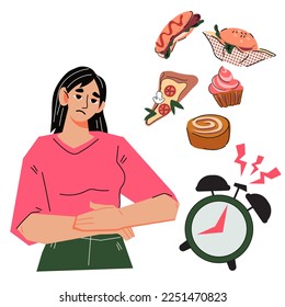 Una mujer hambrienta se saltó el tiempo de la comida y sintió dolor y malestar por el hambre, ilustración vectorial de dibujos planos aislados en fondo blanco. Comer irregular y debilidad de hambre.