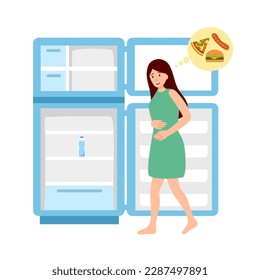 Hungry woman standing at the opening empty fridge in flat design on white background.