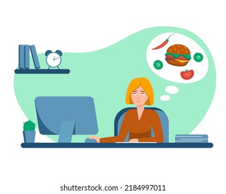 Mujer hambrienta en el trabajo. Hambre en el lugar de trabajo. Diseño de caracteres. Ilustración vectorial en estilo plano.